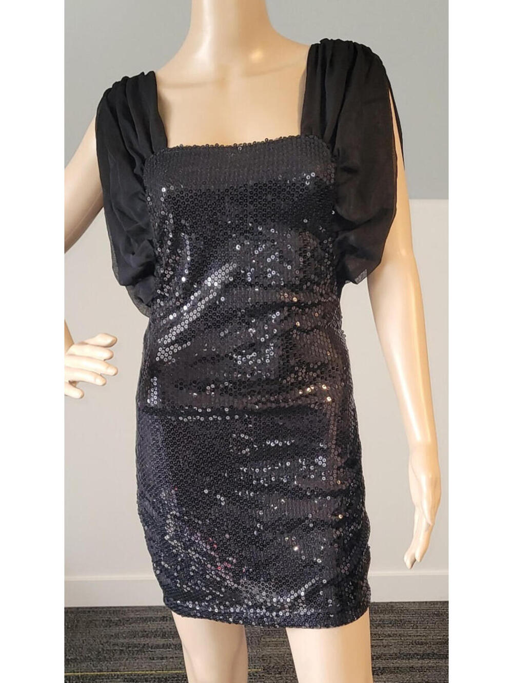 Sexy Women Black Sequin Short Sleeve Tunic Blouse Medium SL2837